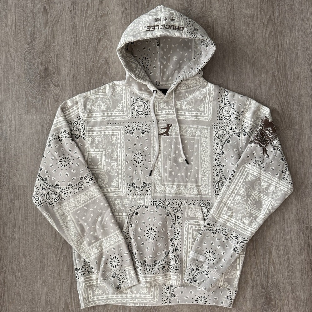 Bruce Lee Hoodie Mens Large Beige Bandana Paisley Fleece Pullover Dragon Graphic